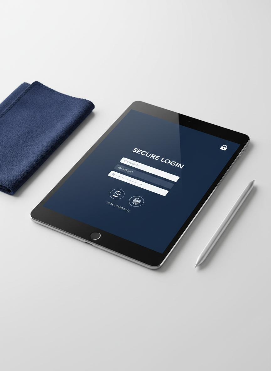 A modern, HIPAA-compliant telehealth consultation interface on a tablet lying on a smooth white surface, framed by a folded navy microfiber cloth and a slim, brushed aluminum stylus. The screen displays a secure login page with password fields, two-factor authentication icons, and a small lock symbol, all set against a deep navy background with clean white typography. Soft overhead studio lighting creates a calm, even illumination with subtle highlights along the tablet’s beveled edges. Photographic realism, captured from a slightly elevated angle with strong clarity and minimal background distractions. The atmosphere is trustworthy and high-end, conveying data security, privacy, and professional medical rigor in a clean, modern aesthetic.