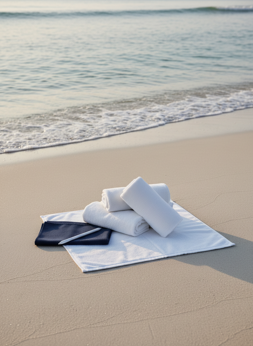 Coastal medical wellness concept: a calm, minimal beach scene at sunrise with soft waves, pale sand, and subtle clinical overtones through clean white towels and a neatly folded navy cloth, photographed from above. No people, no branding, high-end editorial style.
