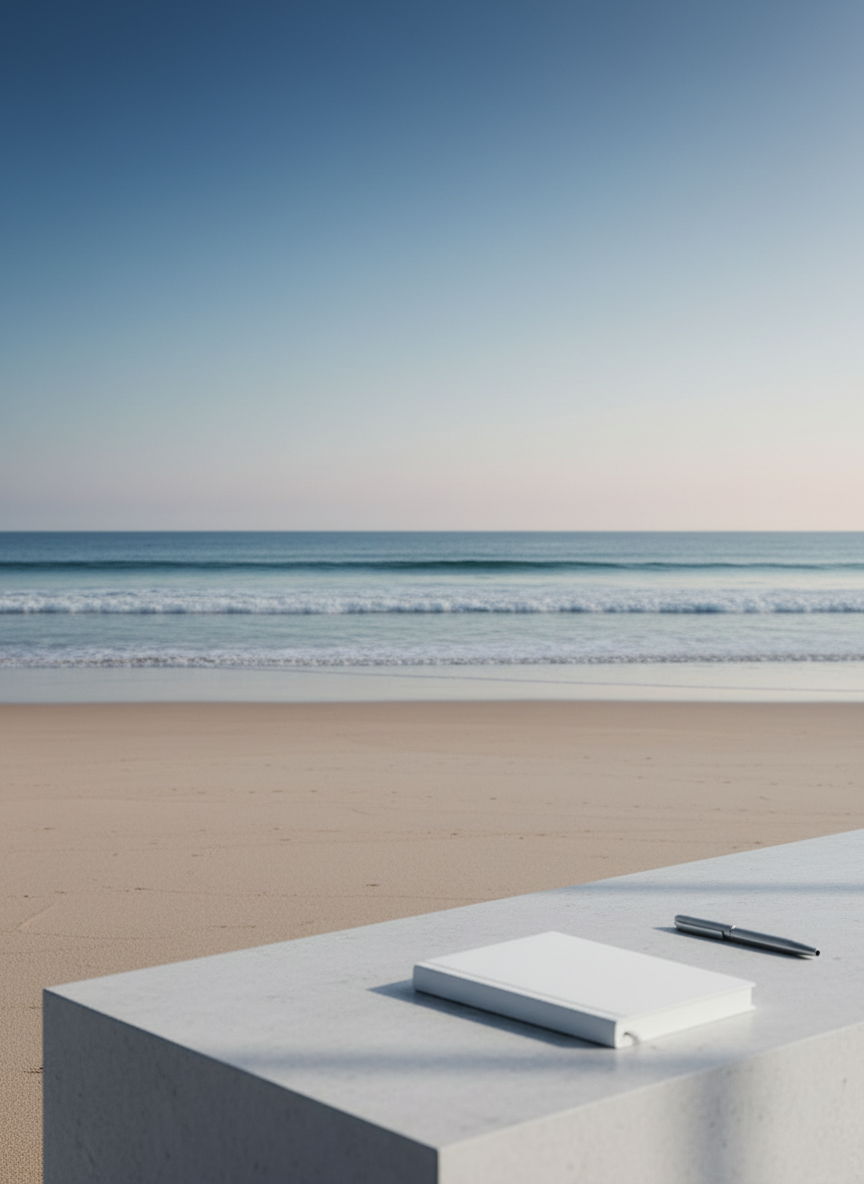 Telehealth-inspired beach horizon: a tranquil, wide coastal panorama at dusk with a smooth gradient sky in soft navy and pale aqua, gentle waves meeting clean sand, and a single neatly arranged white notebook and stainless pen in the foreground on a pale stone ledge. No people, no branding, cinematic yet clinical, emphasizing clarity and calm.