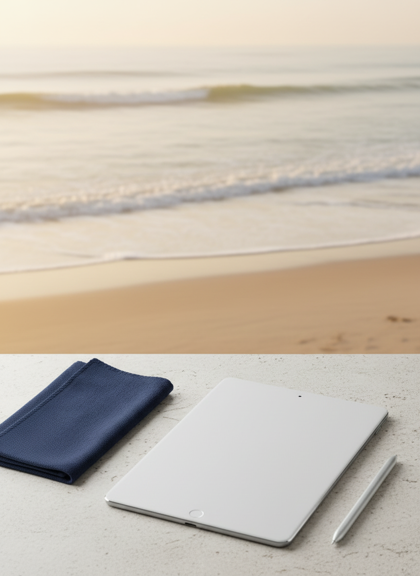 Portrait-oriented coastal wellness detail: a serene vertical composition of a softly lit beach at golden hour with layered waves, smooth pale sand, and a folded navy clinic-style towel resting beside a slim, closed white tablet on a light stone surface in the foreground. No people, no logos, clean and premium, blending coastal calm with clinical precision.